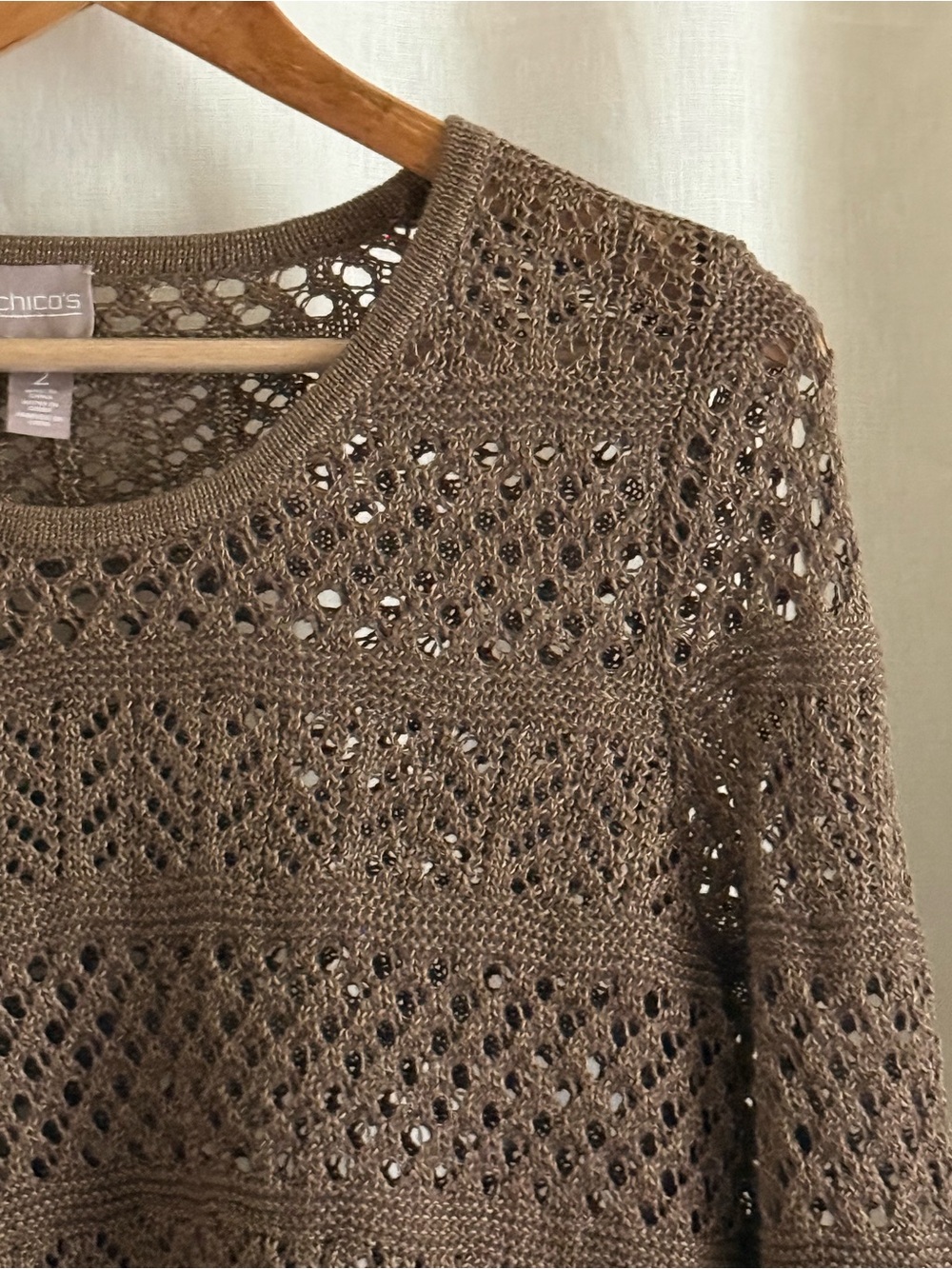 Chico’s Open Knit Sweater 2 L Taupe Brown Gold Metallic Crochet Cotton Pointelle
